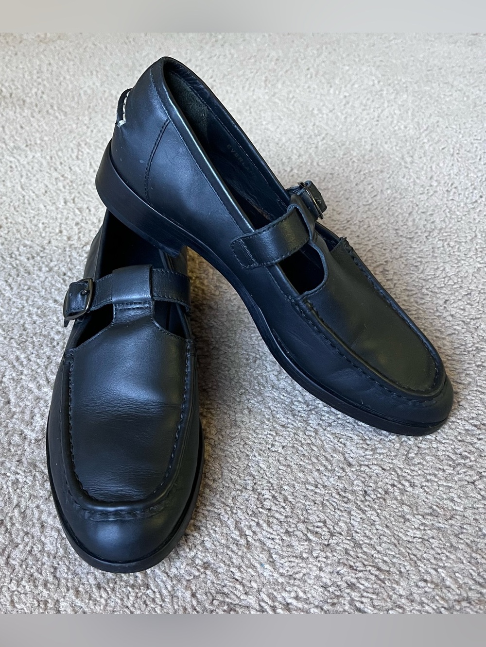 Everlane Black Leather T-Strap Mary Jane Loafers Flat Buckle Shoes Size 9 - Picture 2 of 10